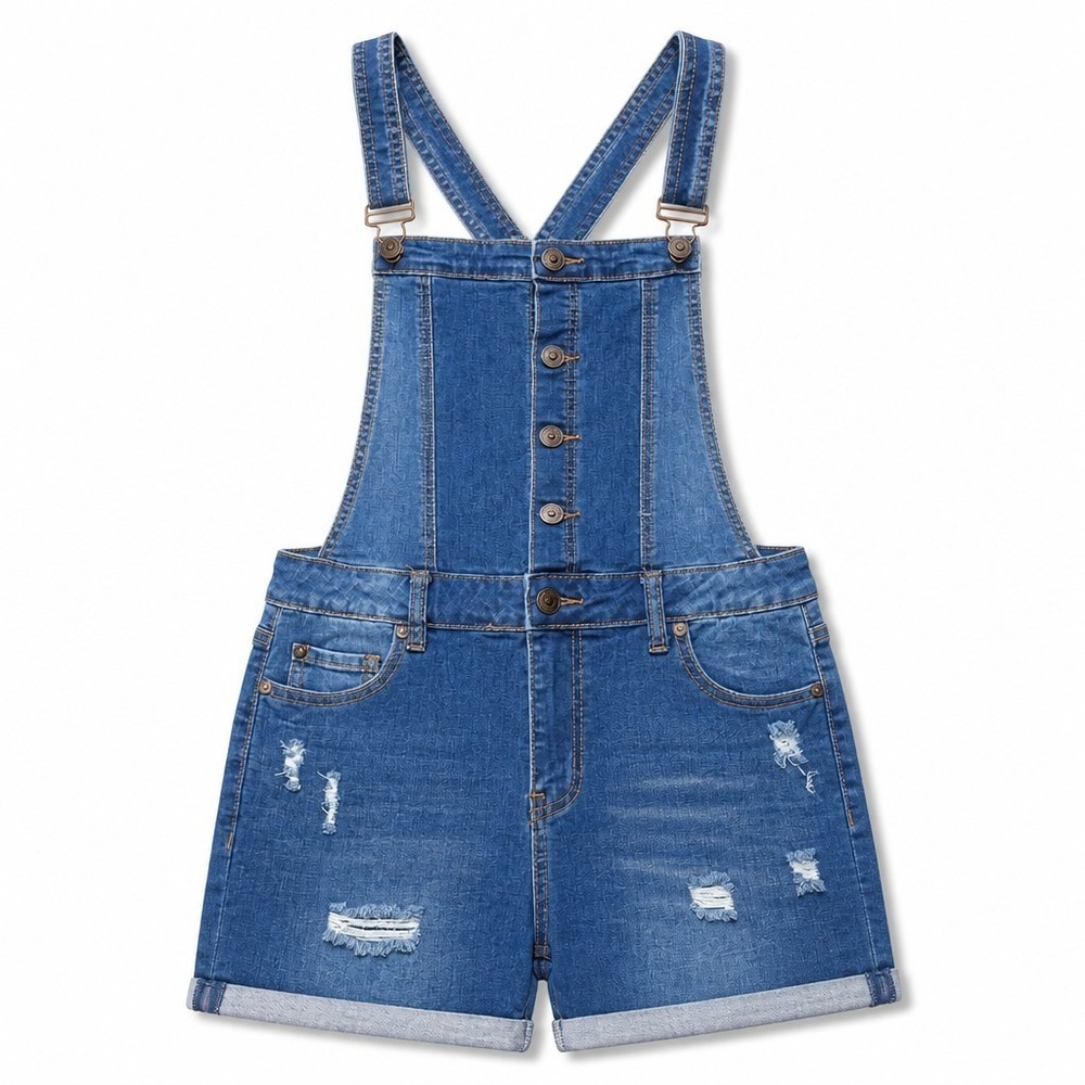 Enjean Womens L Blue Denim Overall Shorts Distressed Boho Festival Vintage